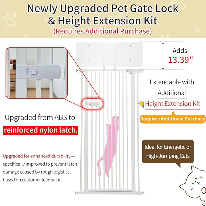 Lumizone Extra Tall Cat Gate 61.02" High Pressure Mounted Extra Wide 2025 New (17 Sizes) 1.37" Gap No Drilling Auto-Close One-Handed Operation Tall Pet Gate for Dogs(White, 61.02" H x 50.98"-55.11" W)