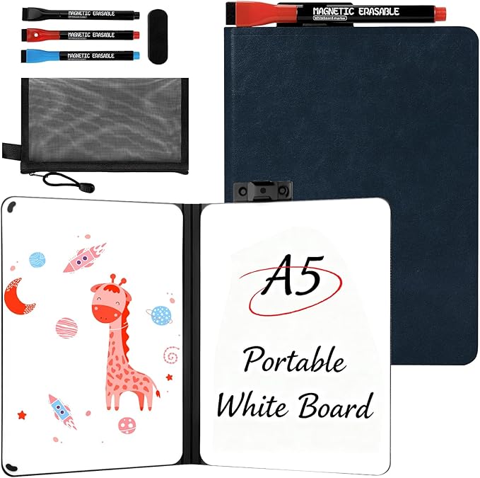 8.4" x 6" Portable White Board Dry Erase Notebook, PU Leather Shell Double Sided Folding Whiteboards with 3 Pens, Small Travel Dry Erase Board for Study, Meeting, Planning,doodling,Gift for Child