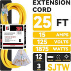 EP 2 Pack 25 Ft 12 Gauge Heavy Duty Extension Cord, 15A 125V 1875W, 3 Outlet Indoor/Outdoor Power Cord with Lighted End, 12/3 SJTW Weatherproof Yellow, UL Listed