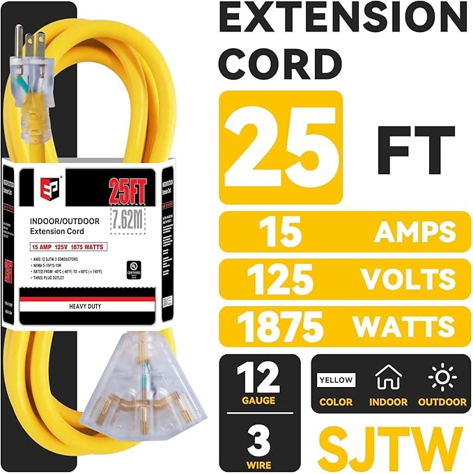 EP 2 Pack 25 Ft 12 Gauge Heavy Duty Extension Cord, 15A 125V 1875W, 3 Outlet Indoor/Outdoor Power Cord with Lighted End, 12/3 SJTW Weatherproof Yellow, UL Listed