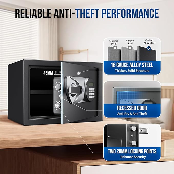 BlackSmith Home Biometric Safe 1.0 Cub - Fingerprint Recognition Box With Keys, Keypad Lock, LCD Display, Dual Alarm System - Wall Mount Cabinet for Jewelry and Valuables, Black