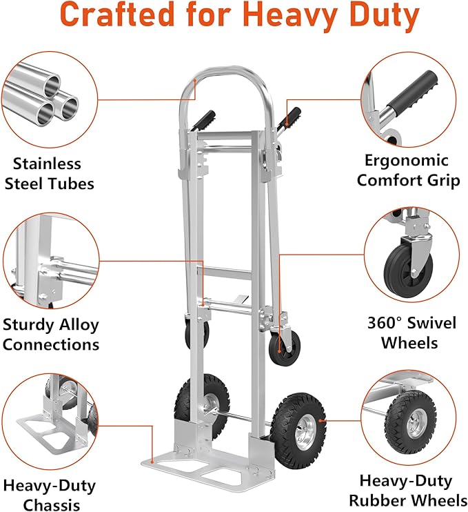 800 LBS Dolly Cart with Wheels, 2 in 1 Folding Hand Truck, Stainless Steel Heavy Duty Industrial Convertible Hand Cart, Utility Collapsible Hand Truck Dolly for Warehouse, Home, Office, Etc
