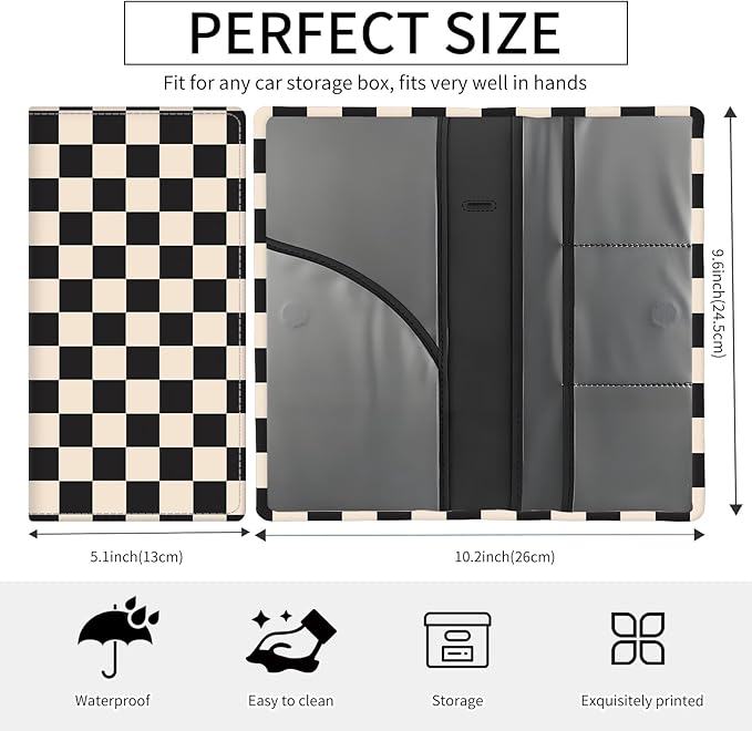 Premium Car Registration and Insurance Card Holder, Cute PU Leather Car Document Holder, Vehicle Glove Box Car Organizer with Magnetic Closure for Driver License, Cards Beige Checkerboard