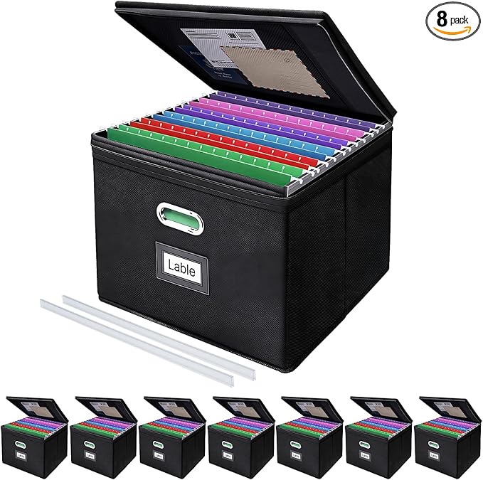 8 Pack Large File Organizer Boxes with Lids, Document Organizer Box with Mesh Pockets & Zippers for Letter/Legal Size Folders, Collapsible File Storage Box (Black, Without Folders)
