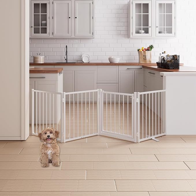 4 Panels Full Metal Freestanding Dog Gates with Door, 80” W x 24” H Folding Pet Gate Fence with Support Feet for Indoor,Stairs, Hallways and Doorways(White)