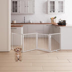 4 Panels Full Metal Freestanding Dog Gates with Door, 80” W x 24” H Folding Pet Gate Fence with Support Feet for Indoor,Stairs, Hallways and Doorways(White)