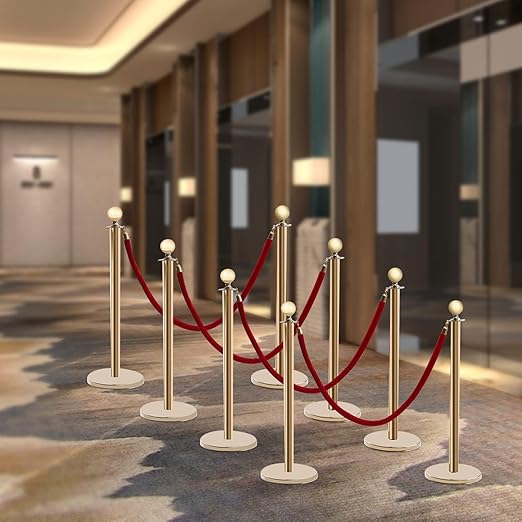 8 PCS Gold Stanchion Posts Queue, Crowd Control Stanchion with 5 Feet Velvet Ropes, Red Carpet Safety Barrier for Party Supplies