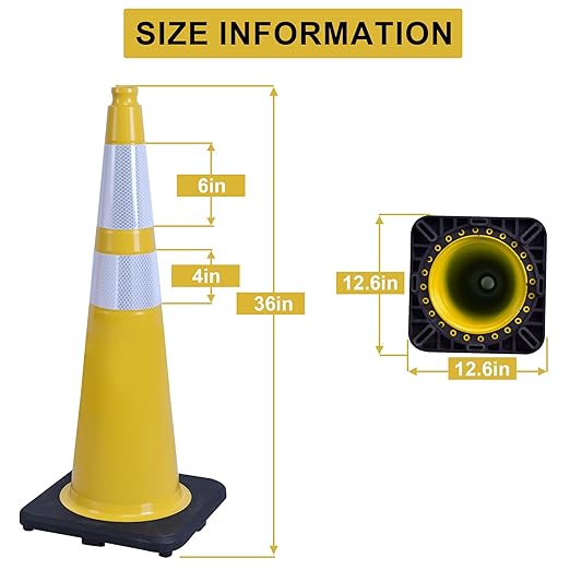 OrangeStar 4-Pack 36" Yellow Traffic Cones with Weighted Rubber Base, 2 Reflective Collars, Large Safety Cones for Parking Lot, Road Construction, Warehouse, Highway, Weatherproof PVC