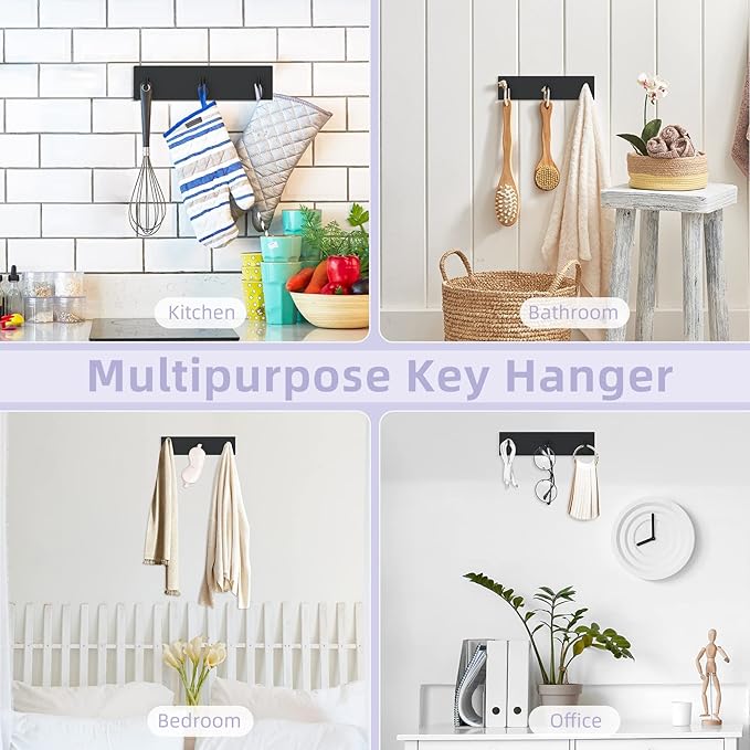 VIS'V Key Holder Wall Mount, Small Metal Self Adhesive Key Hanger with 3 Hooks, No Drilling, Extra Adhesive Strip, Black
