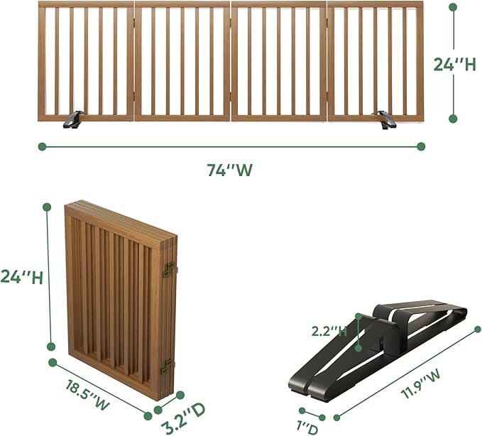 Dog Gate, Bamboo Free Standing Dog Gates for Doorways, Foldable Dog Gate Indoor, Pet Gates for Doorways Bedroom, Puppy Gate with Metal Support Feet, Room Divider 4 Panels (walnut)
