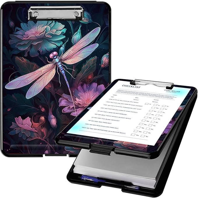 Clipboard with Storage, High Capacity Plastic Storage Clipboard with Low Profile Clip for Women Teachers Work, School & Office Supplies, Cute Pattern Decorative Clipboards, Dragonfly