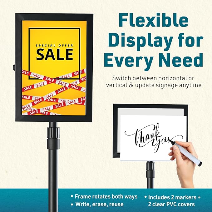 1 PACK Double-Sided Adjustable Heavy Duty Pedestal Sign Holder Stand for Display - Indoor/Outdoor Floor Sign Stand with Base 8.5x11 inches (Horizontal and Vertical Orientation) - includes dry erase marker