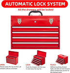 4 Drawers Metal Tool Box Portable Steel Tool Chest with Metal Latch Closure & Key Lock, 20" Powder Coating Top Storage Tray Toolbox with Handle, Suitable for Repair Shop & Garage (Red)