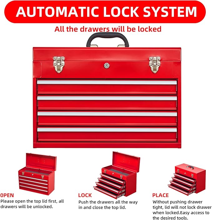 4 Drawers Metal Tool Box Portable Steel Tool Chest with Metal Latch Closure & Key Lock, 20" Powder Coating Top Storage Tray Toolbox with Handle, Suitable for Repair Shop & Garage (Red)