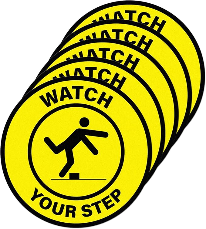 5 Pack Watch Your Step Floor Sticker Anti-Slip Safety Caution Sign 17 × 17 Inches Self Adhesive Vinyl Waterproof Signage for Workplace Stair Public Area