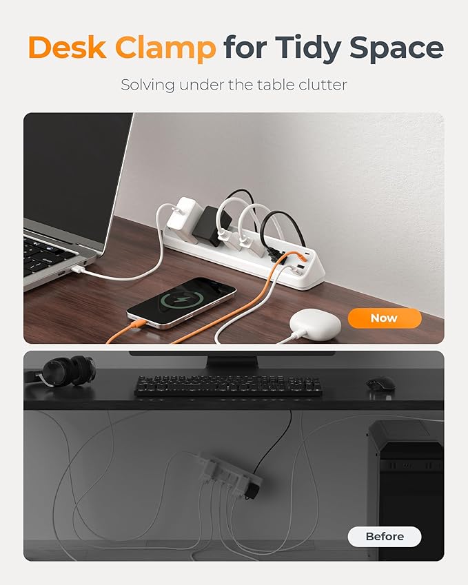 TESSAN Desk Clamp Power Strip 6 Ft, 2100J Surge Protector, 5 Outlets and 4 USB Ports (2 USB C), 1875W, 15A, Flat Plug Extension Cord with Multiple Outlets for Gaming Home Office Dorm Room