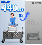 Wagons Carts Foldable Heavy Duty,440lbs Capacity & 350L Collapsible Utility Cart with Big All Terrain Wheels for Beach, Garden, Camping, Grocery Slate Gray