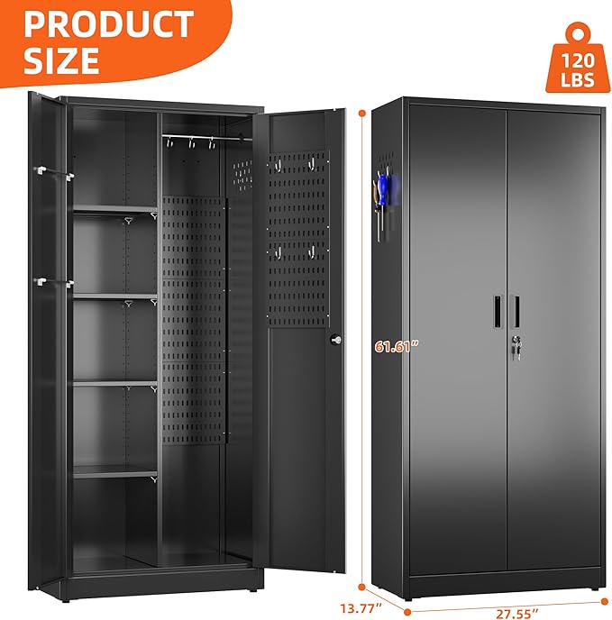 Broom Closet Storage Cabinet with 5 Pegboard, Hanging Rod &13 Hooks, Utility Metal Garage Storage Cabinets with Doors and 4 Shelves for Garage Home Storage, Black,61.6" Hx27.6 Wx13.8 D
