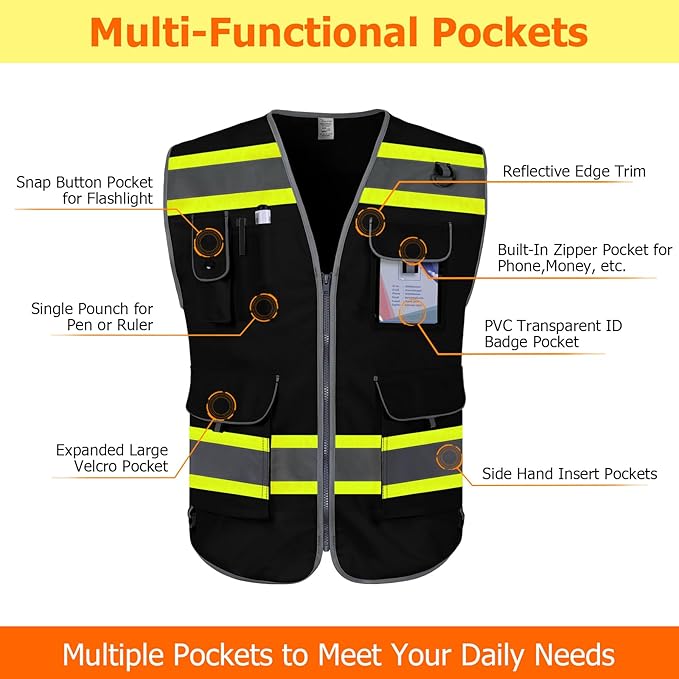 TCCFCCT Reflective Safety Vest for Men Women 9 Pockets High Visibility Vest with Fluorescent Yellow Extend Edge, Hi Vis Security Work Vest for Surveyors, Durable and Breathable, (DB-Black, XX-Large)