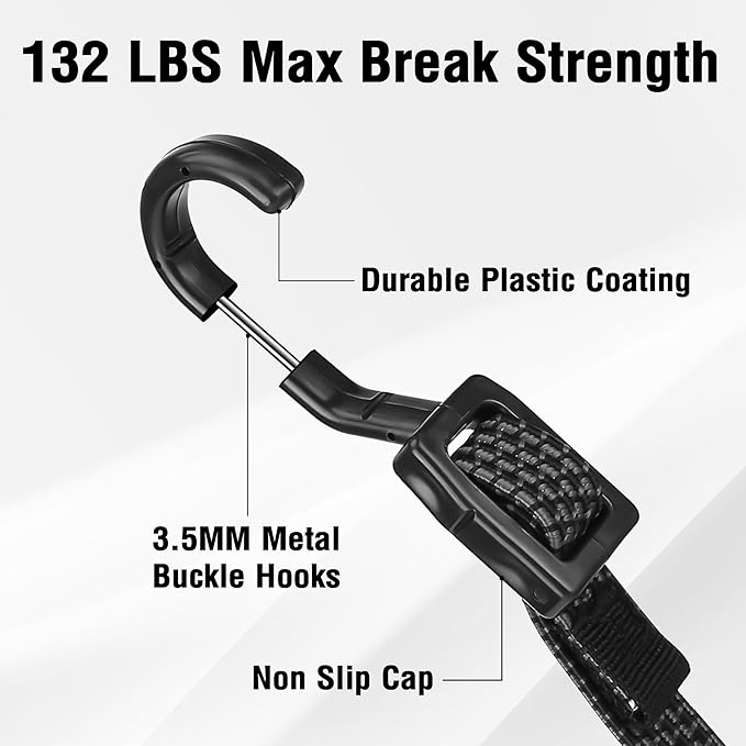 Bungee Cords with Hooks Heavy Duty, Flat Adjustable Bungee Cords with Hooks 80 Inch, Rubber Black Bungee Straps with Buckle Hooks for Outdoor, Camping, Tarps, Bike Rack, Tent, Truck, 4 Pack