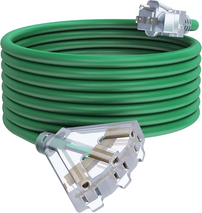 25Ft 12/3 Outdoor Extension Cord with 3-Outlets, Heavy Duty 12 Gauge 3 Prong Extension Cord Waterproof with Lighted end, 15A 12AWG 1875W SJTW, ETL Listed - Great for Garage, Garden and Home, Green