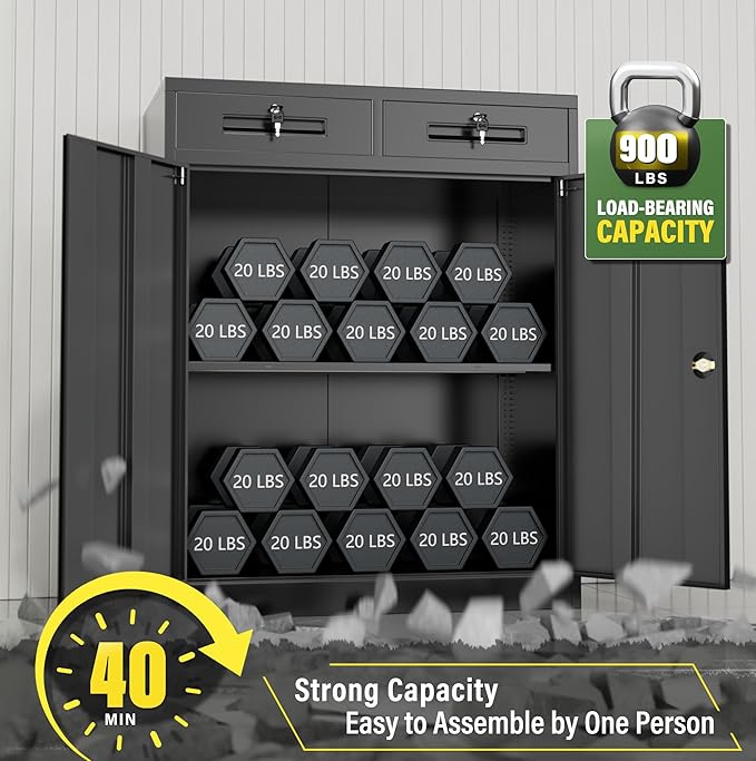 Greenvelly Metal Storage Cabinet with 2 Drawers,36" Black Lockable Metal Cabinets with Doors and Shelves, Steel File Cabinet with Lock for Home Office, Garage, School, Apartment,Warehouse