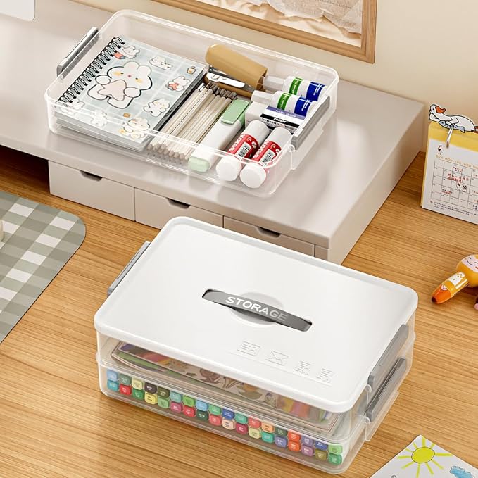 Portable Project Case Clear File Box with lids and Handle, Storage Containers for Stationery, Sewing, Art Craft, A4 Paper, 8.5" x 11" letters, Protecting Scrapbooks, Crafts, Office Supplies (2-Layer)