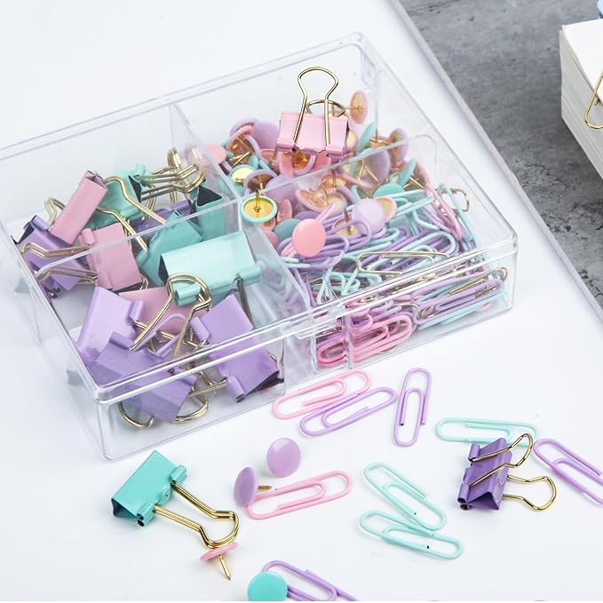 Cute Paper Clips Binder Clips Combo Set, 165 Psc, Assorted Size Paper Clips for Office, Cute Office Supplies Set, Purple (Unicorn Color)