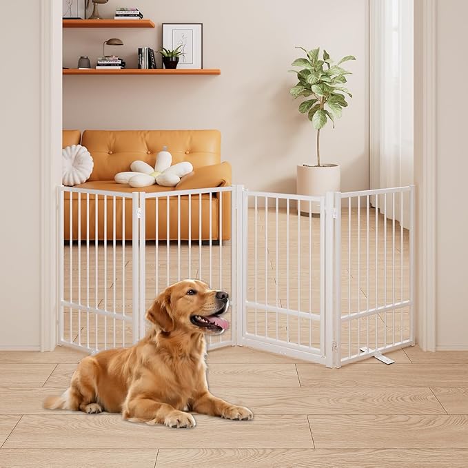 4 Panels Full Metal Freestanding Dog Gates with Door, 80” W x 32” H Folding Pet Gate Fence with Support Feet for Indoor,Stairs, Hallways and Doorways(White)
