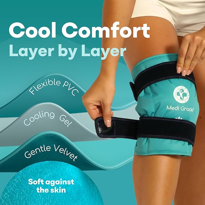Medi Grade Knee Ice Pack Wrap - Reusable Ice Pack for Knee Injuries and Surgery Recovery - Dual-Fabric Knee Ice Pack with Cold-Retention Wrap - Flexible Ice Pack for Knee Injuries and Pain Relief