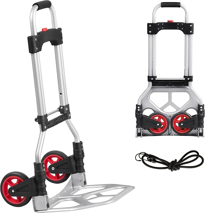 LEADALLWAY Dolly Cart Folding Hand Truck and Dolly,Steel Portable Cart with Telescoping Handle and Nylon+Rubber Wheels 180 lbs Capacity