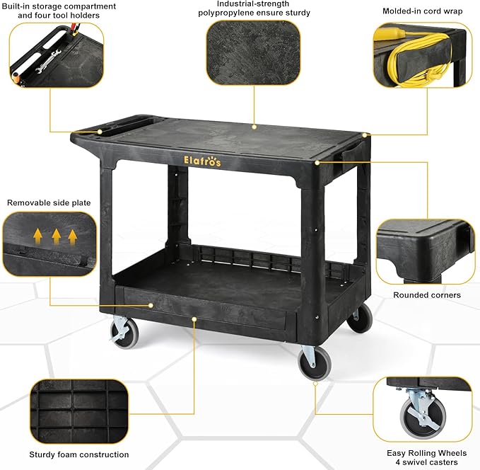 ELAFROS Large Heavy Duty Plastic Utility Cart Flat top 42.5 x 25 Inch - Work Cart Flat Shelves and Full Swivel Wheels Holds up to 550 lbs - 2 Tier Service Cart for Warehouse,Garage, Cleaning Black