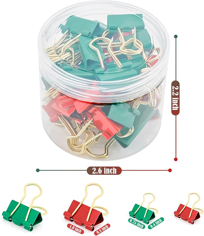 BAYTORY 40Pcs Binder Clips Colored, Christmas Binder Clips Assorted Sizes, Medium Small Binder Paper Clamps Combination, with Clear Storage Container, for School & Office Supplies (Red & Green)