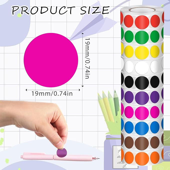 10000 Pcs 3/4 in Round Color Coding Labels Stickers Roll, Adhesive Assorted Colored Circle Dot Sticker, Removable Round Labels, for Garage Sale, Office, Inventory Organize, File Classification