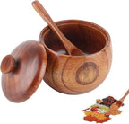 Wooden Salt Container with Lid and Spoon, Salt Cellar for Kitchen Countertop, Wood Spice Jar Keeper, Small Seasoning Box for Sugar or Pepper