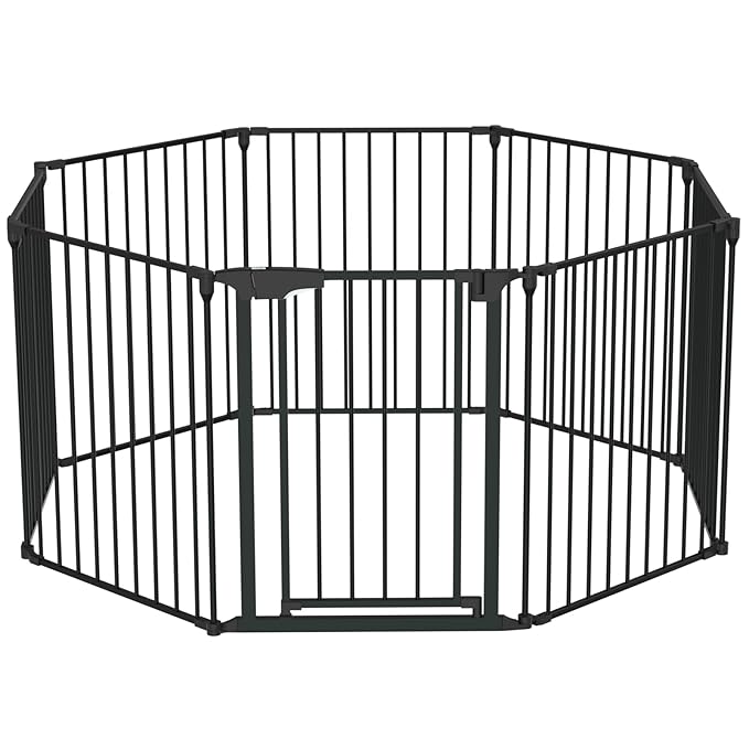 Bonnlo 188'' Wide Baby Gate Playpen 8 Panel Adjustable Play Yard Metal Dog Gate with Door Fireplace Christmas Tree Fence for Pet/Child/Toddler
