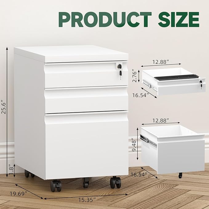 3 Drawer File Cabinet on Wheels,25.6" H White Filing Cabinet with Lock,Under Desk Metal File Cabinet for Home Office Organizer Letters/Legal/A4(Assembly Required)