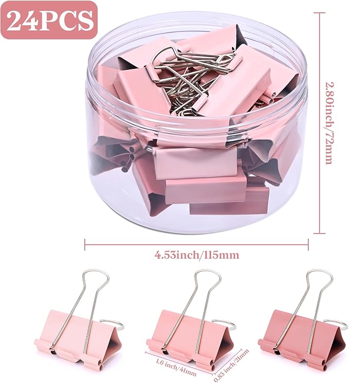Temiary Aesthetic Binder Clips, 24 Pcs 1.6 Inches Small Metal Binder Clip with Clear Storage Container, Binding Paperwork Clamps for School Teachers Office Supplies (Pink)