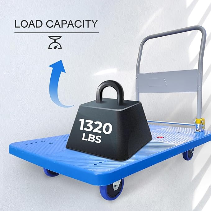 Doppy Flatbed Cart, 1320lbs Heavy Duty Capacity Platform Hand Truck 360 Degree Swivel Wheels Foldable Push Hand Cart for Loading and Storage, Warehouse (Blue)
