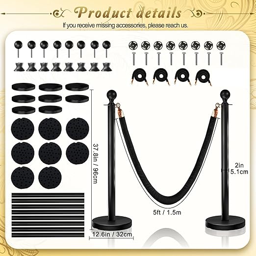 8PCS Black Stanchions Posts with 4PCS 5 ft Black Velvet Rope, Black Velvet Rope Stanchion Set Crowd Control Barriers, Stanchions and Velvet Ropes Red Carpet Poles for Party Supplies