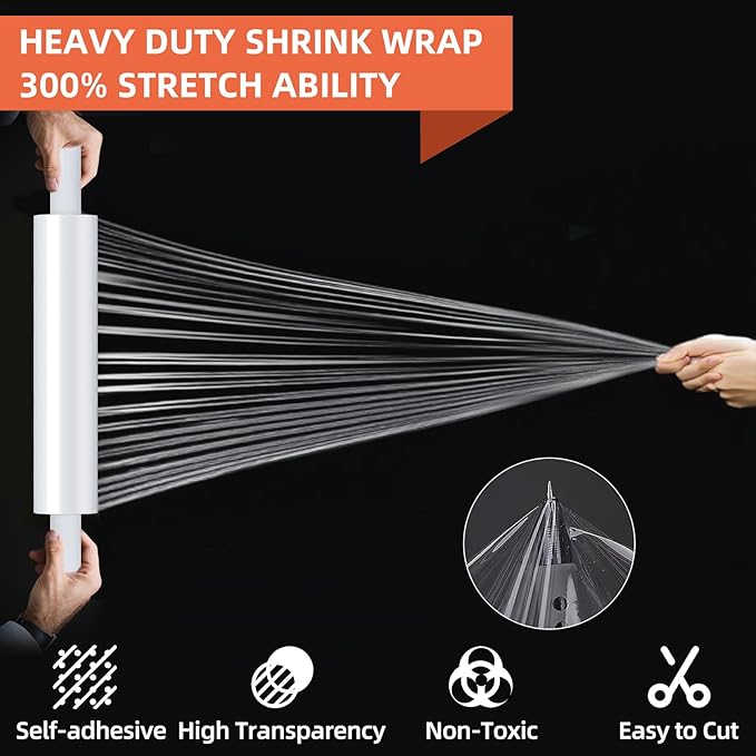 15in Stretch Wrap Roll - Heavy Duty Industrial Strength 15" 1200ft with Extended Cardboard Handles, Clear Cling Shrink Wrap Film Roll 60 Gauge - Ideal for Furniture, Moving, Pallet Packing(2 Rolls)