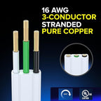Maximm Cable 15 Ft 360° Rotating Flat Plug Extension Cord/Wire, 16 AWG Multi 3 Outlet Extension Wire, 3 Prong Grounded Wire - White - UL Certified