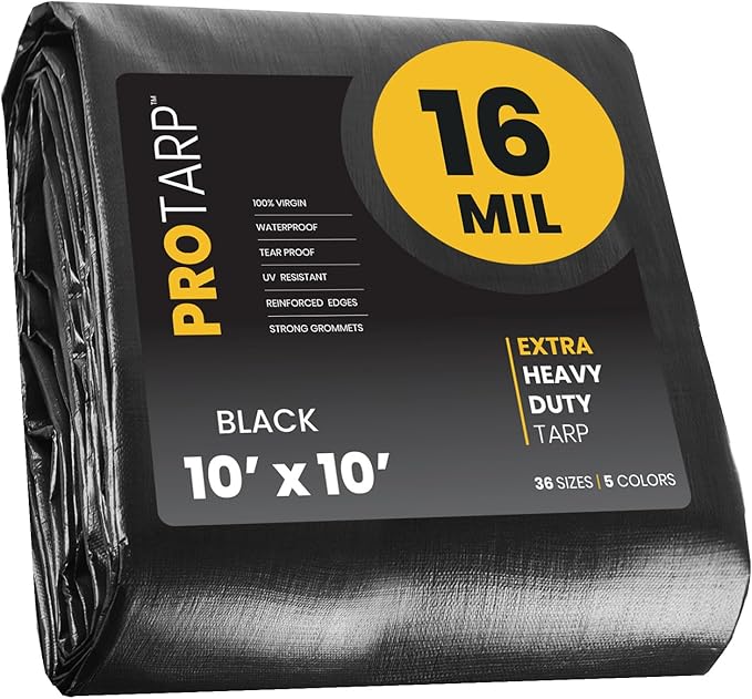 PROTARP Extra Heavy Duty 16 Mil Tarp Cover, Waterproof, UV Resistant, Rip and Tear Proof, Poly Tarpaulin with Reinforced Edges for Roof, Camping, Patio, Pool, Boat. (Black 10′ X 10′)