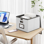 Huolewa Portable Leather File Organizer Boxes with Lids, Office Document Boxes Organizer, Filing Boxes, Decorative Small File Boxes for Hanging Files, File Cabinet for Office/Home - 4 Pack