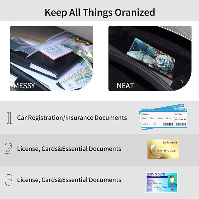 Car Registration and Insurance Holder, Leather Car Glove Box Organizer, Cool Car Accessories for ID, Driver's License Cards & Essential Document,business cards,Men&WomenWhite Rose Gold Butterfly