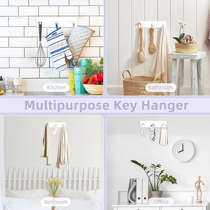 VIS'V Key Holder Wall Mount, Small Metal Self Adhesive Key Hanger with 3 Hooks, No Drilling, Extra Adhesive Strip, White