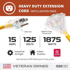 Iron Forge Cable 10 Gauge 75ft Lighted Outdoor Heavy Duty Extension Cord with 3 Outlets - 15 Amp 10/3 SJTW Yellow Extension Cord with Multiple Outlets