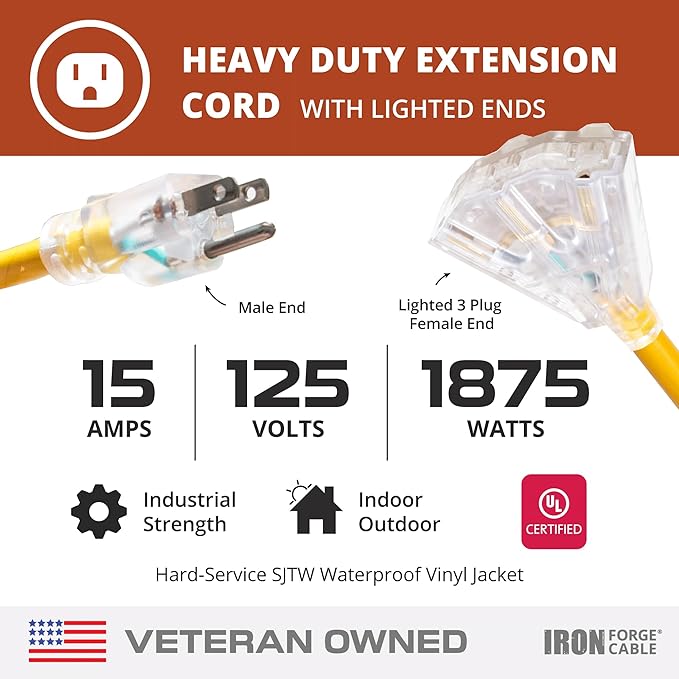 Iron Forge Cable 10 Gauge 25ft Lighted Outdoor Heavy Duty Extension Cord with 3 Outlets - 15 Amp 10/3 SJTW Yellow Extension Cord with Multiple Outlets