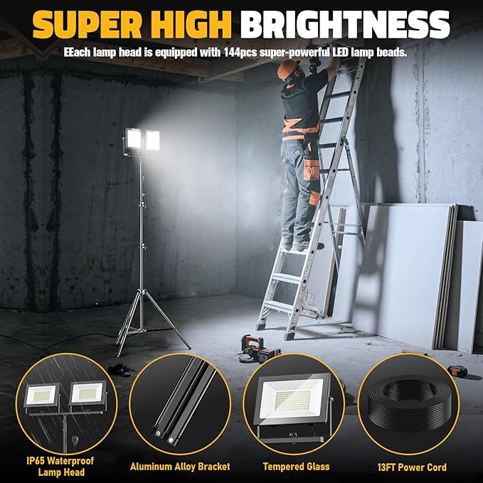 LIVOWALNY 22000 Lumens LED Work Lights with Stand, 2 Adjustable Head 220W Tower Light with 13FT Cord, Portable IP65 Waterproof Tripod Flood Light for Workshop Garage Construction Mechanics Lighting