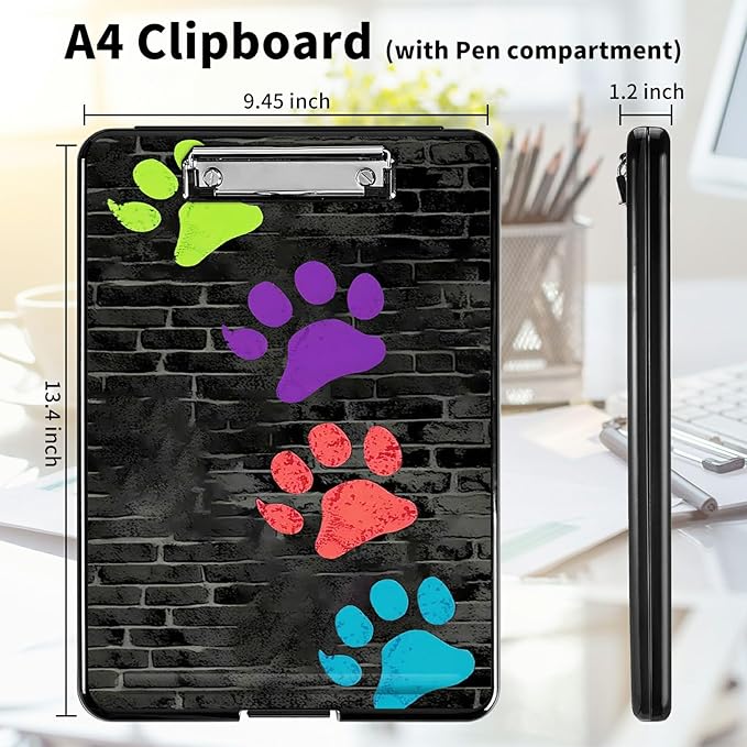 A4 Clipboards,Heavy Duty Waterproof Nursing Plastic Folder Clipboard with Storage Clip Boards,File Folder Storage Box Clipboard Case for Teacher,Doctor,Offices,Paw Prints